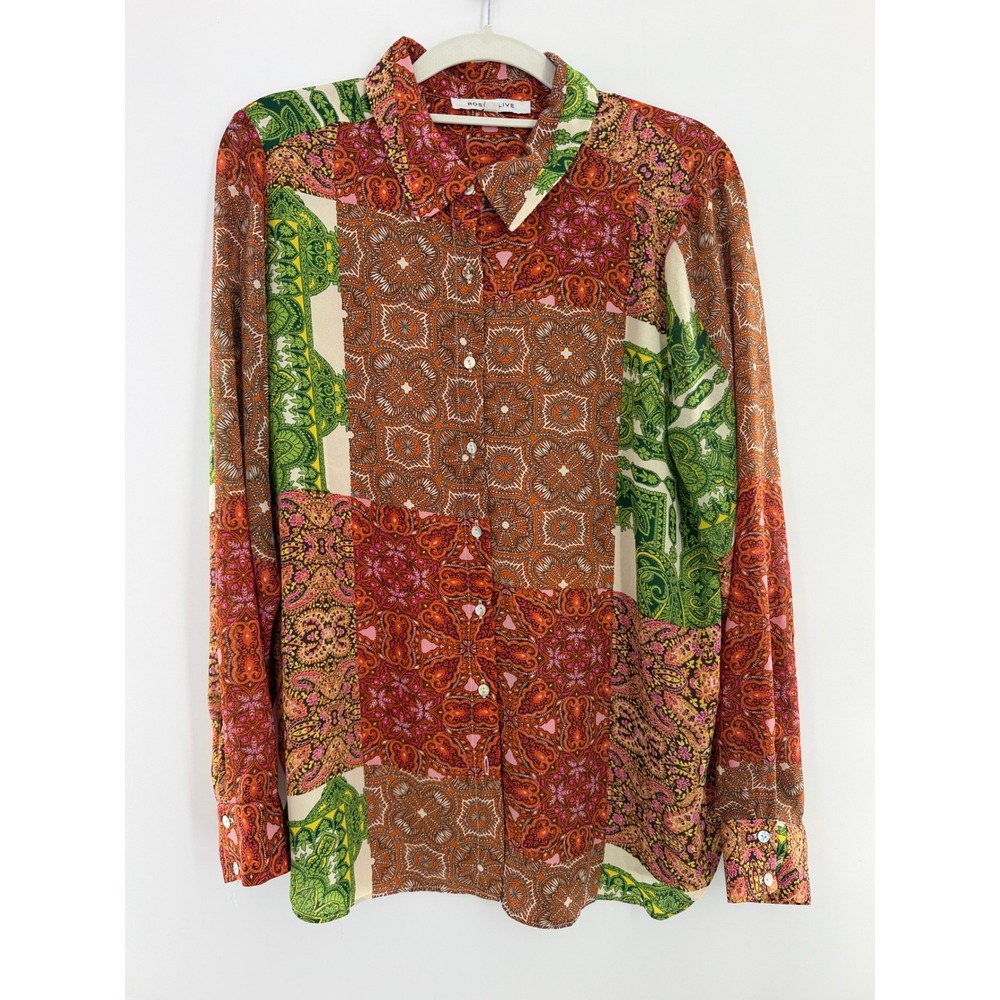 Rose + Olive Womens Patchwork Paisley Button Down Shirt Long Sleeve Multi Color